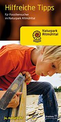 Hilfreiche Tipps für Fossiliensucher im Altmühltal. Ein Junge schaut interessiert eine Jurakalkplatte, die er zuvor mit Hammer und Meißel geteilt hat an.