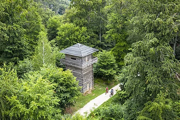 Der Limesturm aus Holz inmitten eines Waldes, der hellgrün leuchtet. Der Limesradweg läuft direkt am Turm vorbei. Hier sind zwei Radler auszumachen.