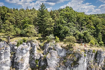 Frontaler Blick auf eine Felspartie der Arnberger Leite auf der eine Familie steht. Im Hintergrund grüner, sommerlicher Wald und blauer Himmel mit weißen Wolken.