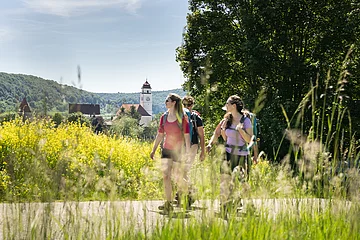 Wanderer auf dem Altmühltal-Panoramaweg bei Dollnstein Drei Wanderer mit sommerlicher Kleidung sind auf dem Altmühltal-Panoramaweg unterwegs. Die zwei Frauen im Vordergrund tragen rot und lila Shirt, dahinter wandert ein Mann im dunklen Shirt. Der Wanderweg wird von grünem Gras gesäumt. Links erhascht man einen Blick auf Dollnstein und seine Kirche. Rechts ragt ein großer Baum hoch.