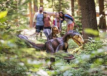 Zwei Dinosauriermodelle im Wald, unscharf im Hintergrund eine Gruppe von Menschen.