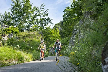 Zwei Radler mit Fahrradhelmen radeln inmitten grüner Hänge und Wiesen bei Kipfenberg.